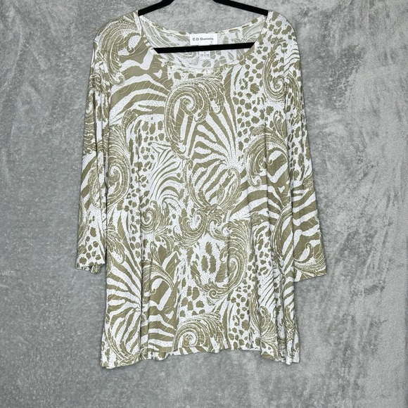CD Daniels 1X Top Shirt Green Animal Print 3/4 Sleeve Scoop Neck Stretch Texture - Picture 1 of 6